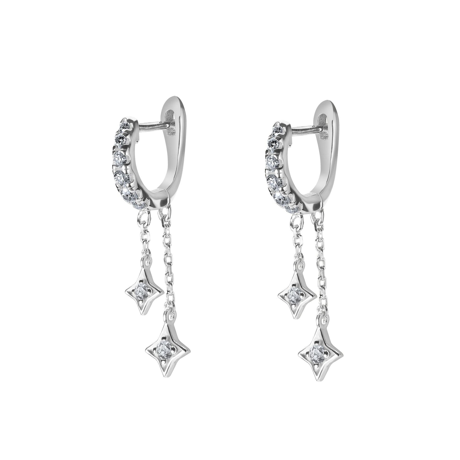 Illuminess™ Mini Sterling Silver Shooting Star Huggies image 4. A detailed-side-view of the-Bloomtine-shooting-star-huggies, showcasing the-6mm-internal-diameter designed-for-a-snug-fit. The-image-highlights the-secure-click-closure and the-tarnish-resistant-mirror-like-glow of the-white-rhodium-plating. This-celestial-talisman is a-best-seller for those-seeking-high-end-handcrafted-piercing-jewellery