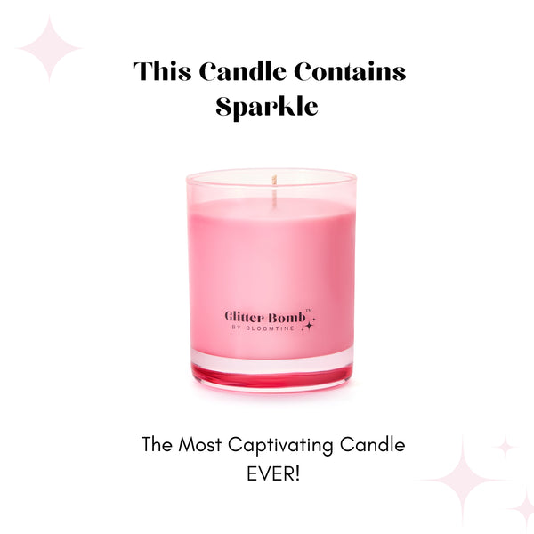 Rose-Galaxy-Glitter-Bomb-luxury-valentine-gift-candle. A professional-shot of a 230g-scented-candle featuring a sophisticated Rose-and-Oud fragrance-profile. This-premium-candle is displayed-on-a-clean-white-background, showcasing the-signature-glitter-infused-wax and elegant-glass-vessel. An-ideal-romantic-gift-for-her, this-glitter-bomb-candle-image highlights the-luxurious-branding and high-quality-craftsmanship of the Bloomtine-home-fragrance-collection.